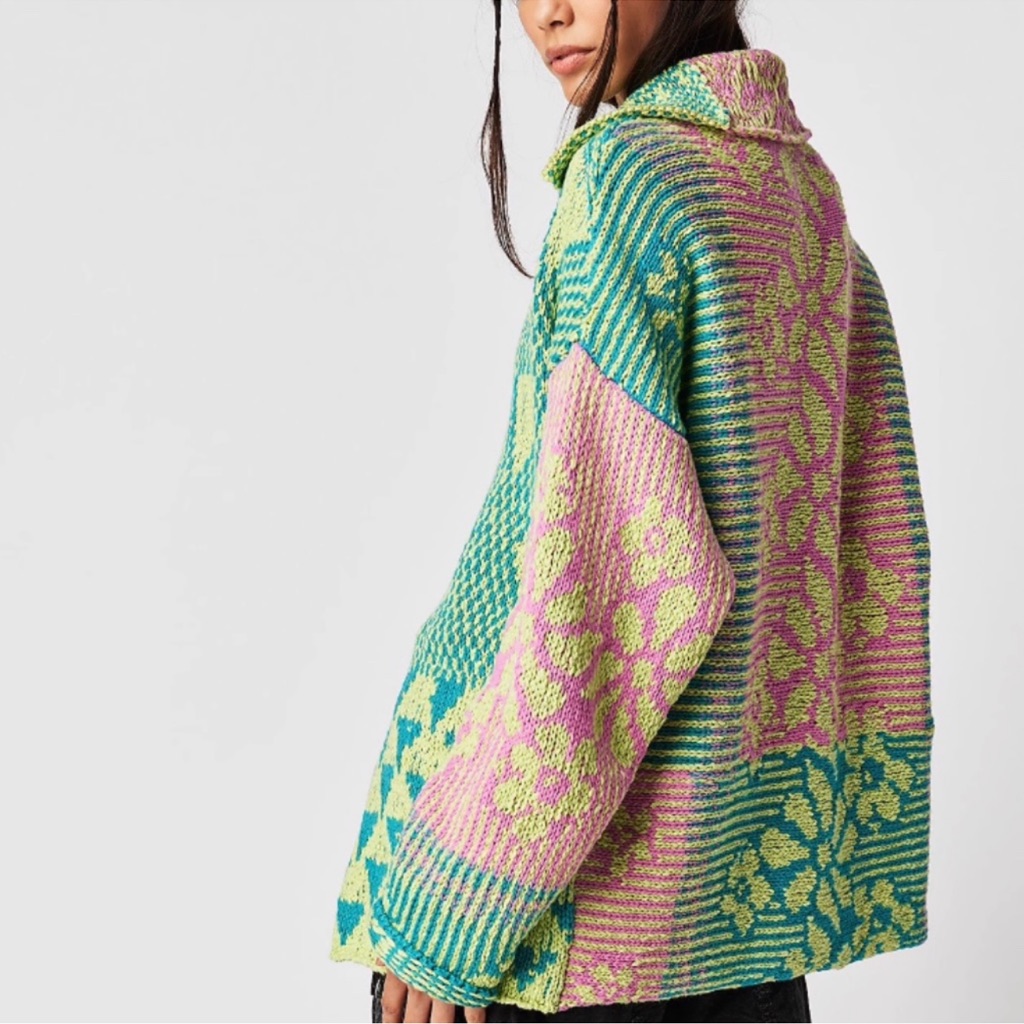 Free People Multicolor Floral Knit Cardigan Teal, Pink, Lime Nwt